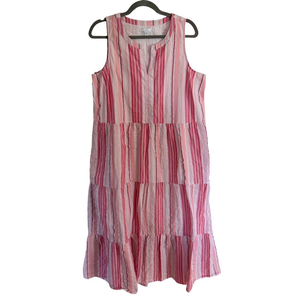 J. Jill Pink Striped Tiered Cotton Midi Dress Sleeveless Large Beach Breezy